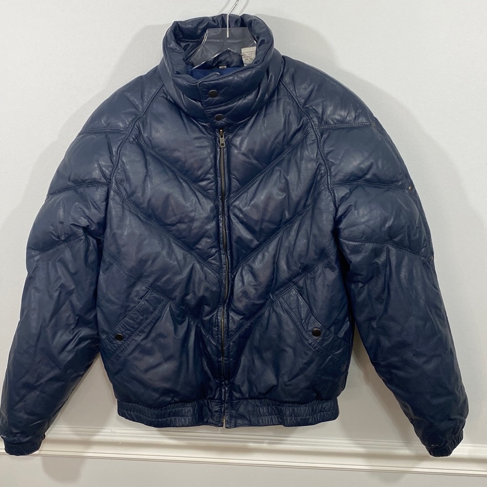 Vtg Adam Spencer Navy Blue Quilted Leather Bomber Jacket Sz M